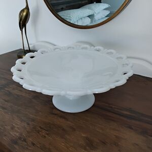 Vintage Anchor Hocking White Milk Glass Old Colony Open Lace Pedestal Bowl